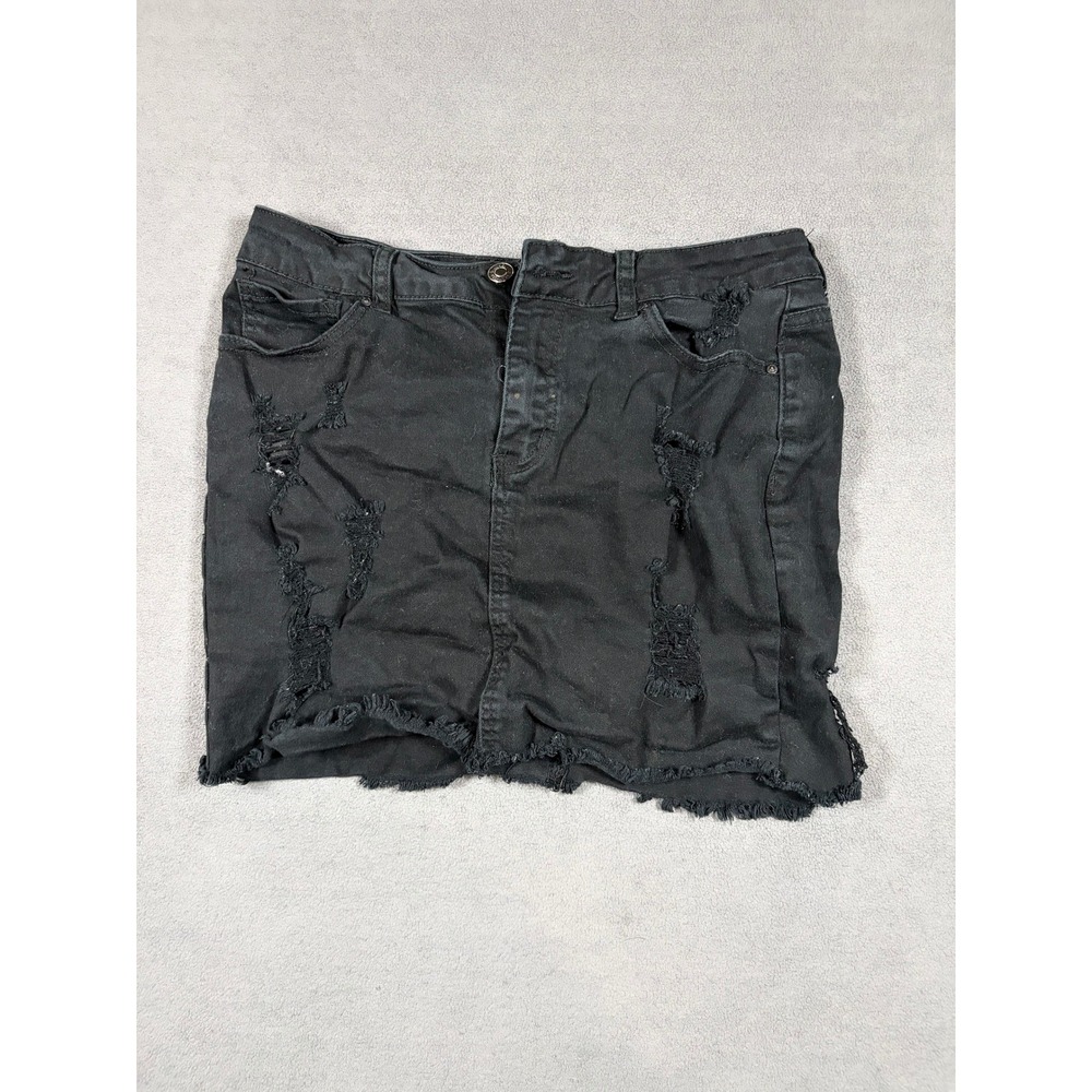 Wax Jean Denim Skirt Womens Size L Black Distressed Frayed Mini Skirt 90114